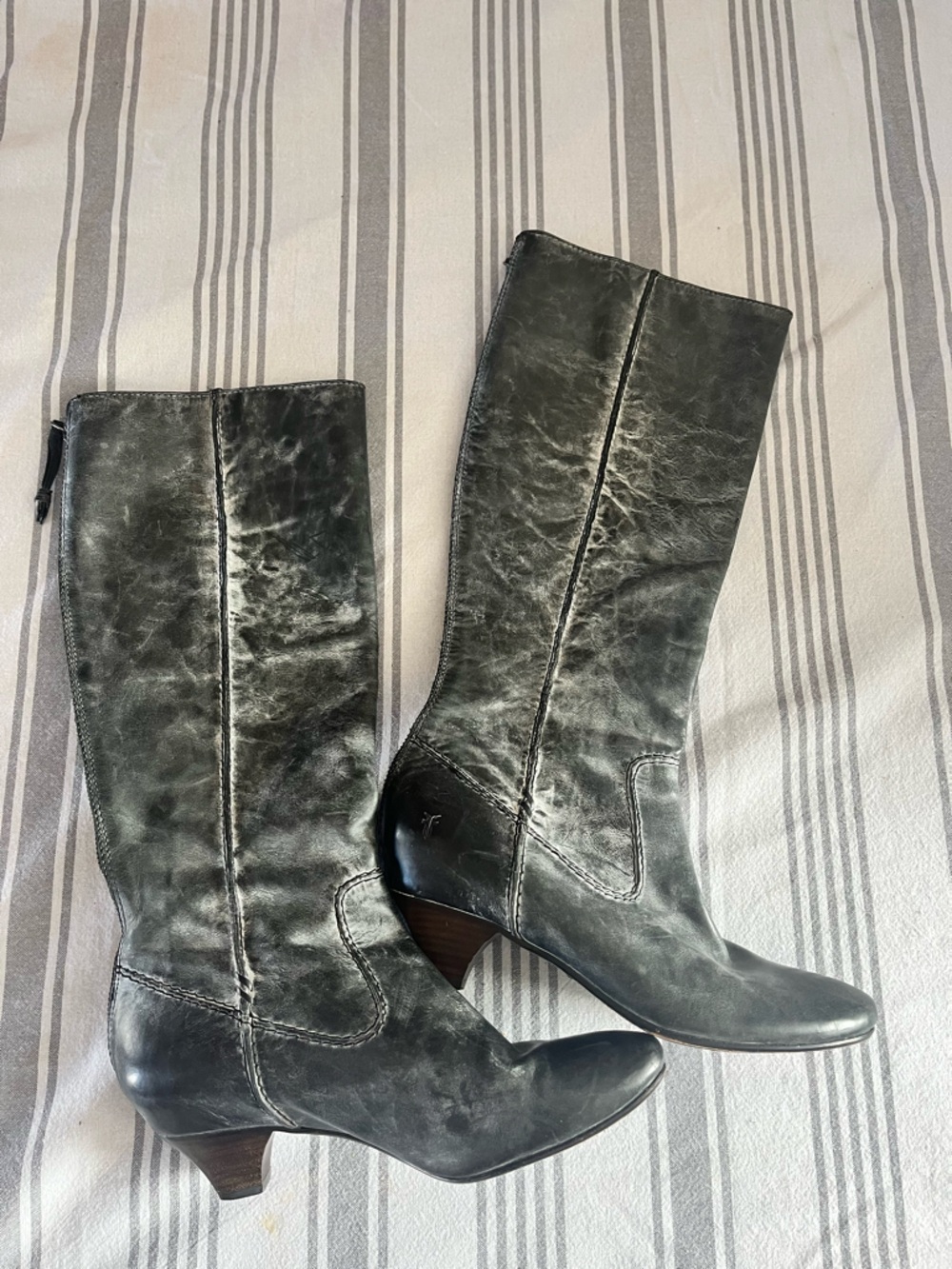 Frye Black Leather Tall Short Heeled Boots